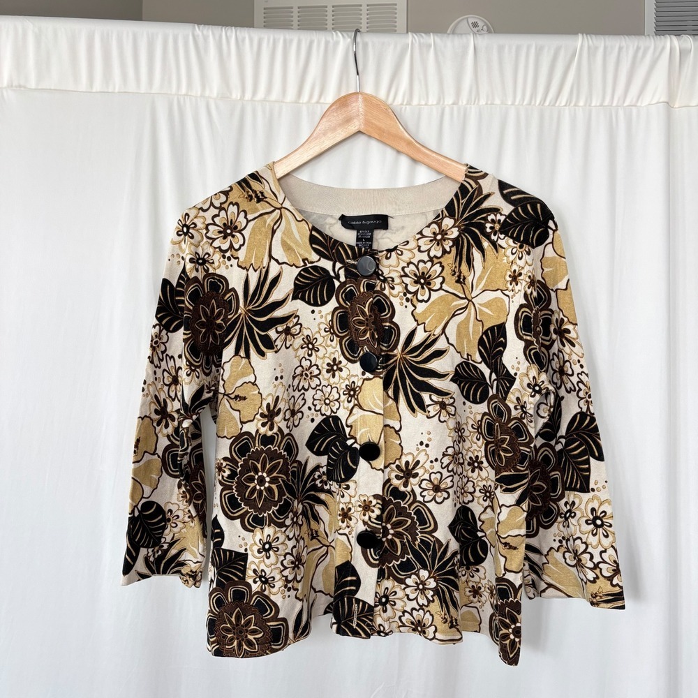 Vintage Cable & Gauge Silk Cardigan L Floral Sweater Boho Preppy Grandma Chic